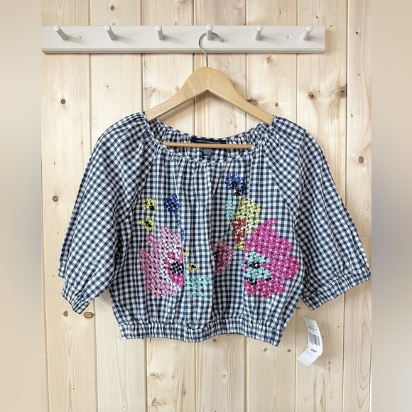 Gingham Floral Embroidered Women's Top - Picture 1 of 3